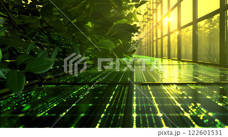 Fields of solar panels and systems to produce green electricity. AI Generated 122601531