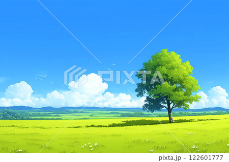 一本の木と草原と青空が広がる風景 AI画像 一本の木と草原と青空が広がる風景 AI画像 122601777