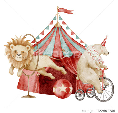 Watercolor illustration of a Circus scene with a Lion jumping through a hoop, a bear on a tricycle and a striped Tent. Drawing of big top with Festival animals for Carnival Performance. 122601786