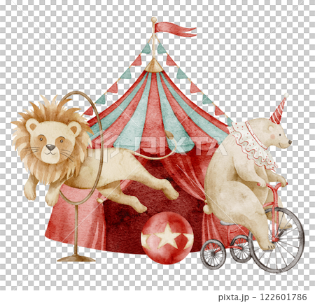 Watercolor illustration of a Circus scene with a Lion jumping through a hoop, a bear on a tricycle and a striped Tent. Drawing of big top with Festival animals for Carnival Performance. 122601786