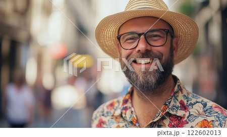 Summer portrait of happy mature man smiles wearing a tourist hat standing on European city street 122602013