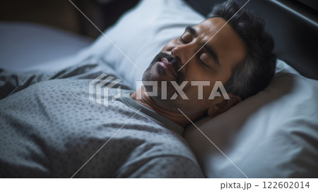 Tired mature man lying sleeping in bed at home, sound asleep at night 122602014