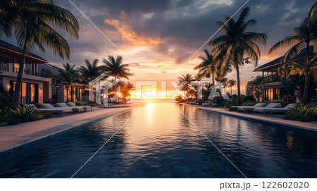 Summer luxury resort landscape background with open infinity swimming pool, palm trees at sunset 122602020