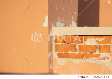 historical architecture vintage plaster in park. wall with cracked red classic style in public park historical architecture vintage plaster in park. wall with cracked red classic style in public park 122602141