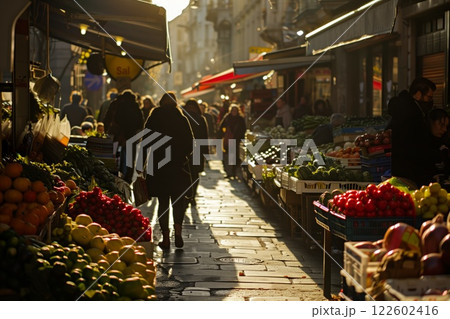 Bustling urban market at sunset with fresh produce stalls, colorful fruits, and vegetables, and people shopping in warm golden light Bustling urban market at sunset with fresh produce stalls, colorful fruits, and vegetables, and people shopping in warm golden light 122602416