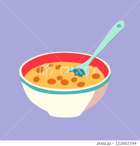 Bright illustration of a colorful cereal bowl with a spoon, symbolizing a fun and healthy breakfast. Perfect for food related concepts, childrens themes, or nutrition content 122602594