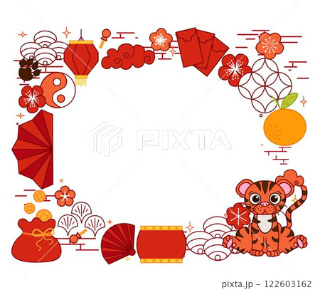 year of Tiger 2034 Chinese New Year template oval frame featuring traditional Chinese borders and a Tiger, celebrating the Year of the Tiger with festive elements. Vector graphic line year of Tiger 2034 Chinese New Year template oval frame featuring traditional Chinese borders and a Tiger, celebrating the Year of the Tiger with festive elements. Vector graphic line 122603162