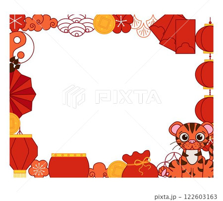 2034 New year of Tiger. Chinese traditional elements for lunar lantern festival with cute baby tiger character vector graphic line rectangle frame template illustration. 122603163