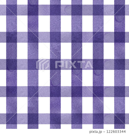 Watercolor checkered seamless pattern with plum colored stripes. Hand drawn trendy violet background with lines for textile, fabric, packing design. Web and banner repeated pattern 122603344
