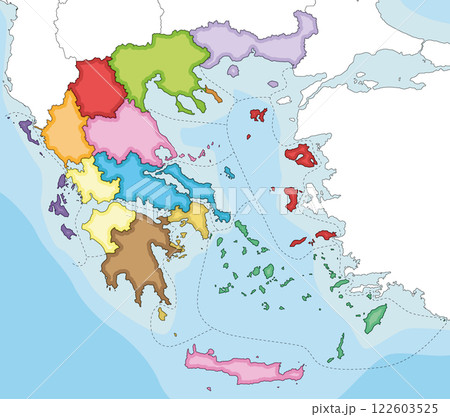 Vector illustrated blank map of Greece with regions and administrative divisions, and neighbouring countries and territories. Editable and clearly labeled layers. 122603525