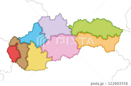 Vector illustrated blank map of Slovakia or Slovak Republic with regions and administrative divisions, and neighbouring countries and territories. Editable and clearly labeled layers. 122603558