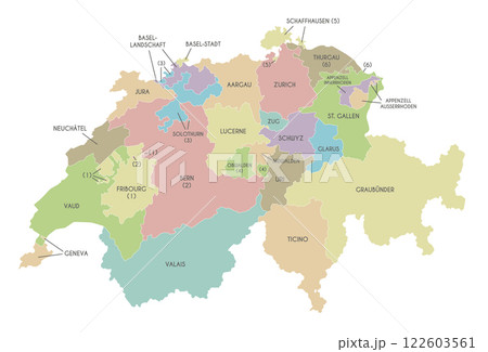 Vector regional map of Switzerland with cantons or territories and administrative divisions. Editable and clearly labeled layers. Vector regional map of Switzerland with cantons or territories and administrative divisions. Editable and clearly labeled layers. 122603561