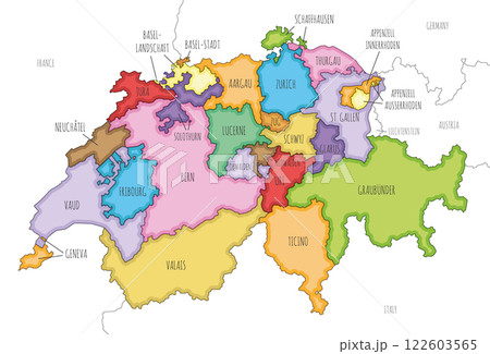 Vector illustrated regional map of Switzerland with cantons and administrative divisions, and neighbouring countries and territories. Editable and clearly labeled layers. 122603565