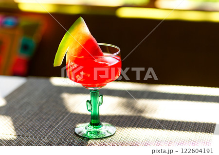 Closeup glass of watermelon margarita cocktail. Closeup glass of watermelon margarita cocktail. 122604191