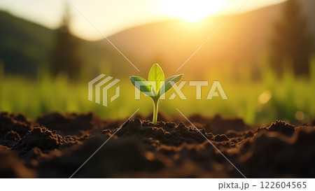 A vibrant green sprout emerging from fertile soil under golden sunlight 122604565