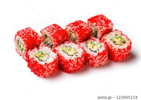 California sushi rolls set with crab isolated at white background. California sushi rolls set with crab isolated at white background. 122605214