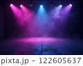 A dark, futuristic space illuminated by vibrant pink and purple lights with hazy fog 122605637