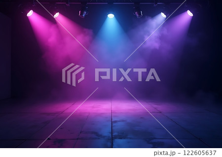 A dark, futuristic space illuminated by vibrant pink and purple lights with hazy fog A dark, futuristic space illuminated by vibrant pink and purple lights with hazy fog 122605637