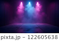A dark, futuristic space illuminated by vibrant pink and purple lights with hazy fog 122605638