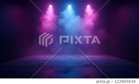 A dark, futuristic space illuminated by vibrant pink and purple lights with hazy fog A dark, futuristic space illuminated by vibrant pink and purple lights with hazy fog 122605638