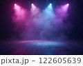 A dark, futuristic space illuminated by vibrant pink and purple lights with hazy fog 122605639