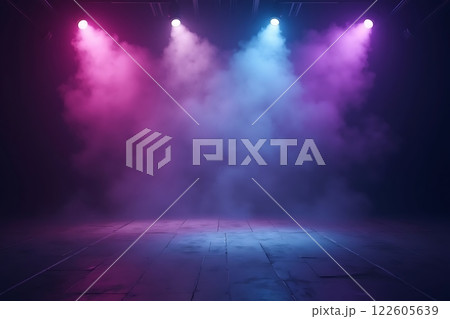 A dark, futuristic space illuminated by vibrant pink and purple lights with hazy fog 122605639