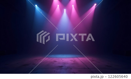 A dark, futuristic space illuminated by vibrant pink and purple lights with hazy fog A dark, futuristic space illuminated by vibrant pink and purple lights with hazy fog 122605640