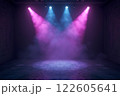 A dark, futuristic space illuminated by vibrant pink and purple lights with hazy fog 122605641