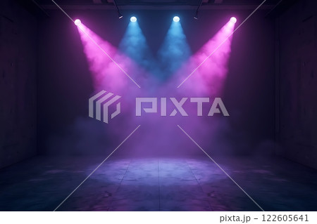 A dark, futuristic space illuminated by vibrant pink and purple lights with hazy fog 122605641
