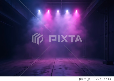 A dark, futuristic space illuminated by vibrant pink and purple lights with hazy fog 122605643