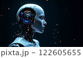 A highly detailed humanoid robot with glowing circuitry and a sleek design in a dark 122605655