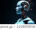 A highly detailed humanoid robot with glowing circuitry and a sleek design in a dark 122605656