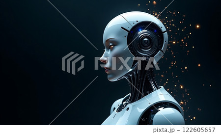 A highly detailed humanoid robot with glowing circuitry and a sleek design in a dark 122605657