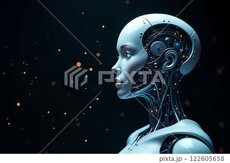 A highly detailed humanoid robot with glowing circuitry and a sleek design in a dark 122605658