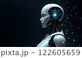 A highly detailed humanoid robot with glowing circuitry and a sleek design in a dark 122605659