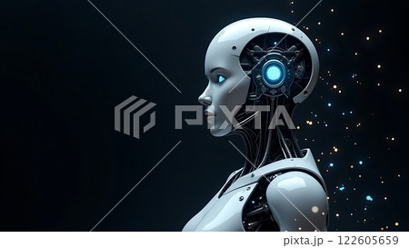 A highly detailed humanoid robot with glowing circuitry and a sleek design in a dark A highly detailed humanoid robot with glowing circuitry and a sleek design in a dark 122605659