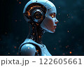 A highly detailed humanoid robot with glowing circuitry and a sleek design in a dark 122605661