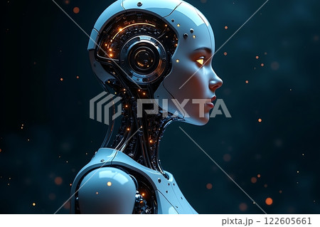 A highly detailed humanoid robot with glowing circuitry and a sleek design in a dark A highly detailed humanoid robot with glowing circuitry and a sleek design in a dark 122605661