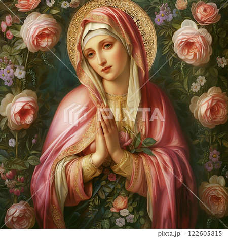 Virgin Mary, mother of Jesus Christ with folded hands in prayer Virgin Mary, mother of Jesus Christ with folded hands in prayer 122605815