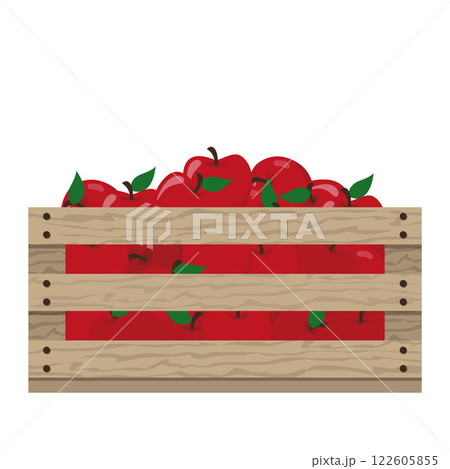Wooden box container with red apple cartoon illustration 122605855