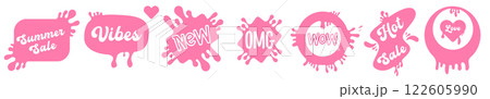 Hello summer, summer sale, hello, OMG, Positive Vibes, Wow, Sale pink retro sticker set isolated on white background. Y2k sticker collection with message. Planner and scrapbook patch set 122605990