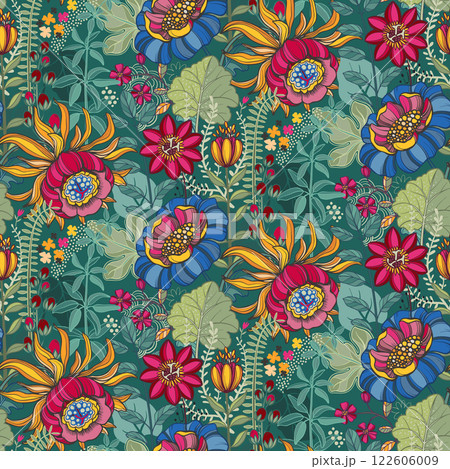 Vector seamless pattern with tropical plants and flowers. Vector seamless pattern with tropical plants and flowers. 122606009