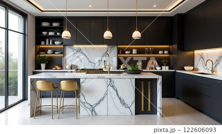 A sophisticated kitchen featuring dark matte cabinets, marble surfaces, and elegant lighting 122606093