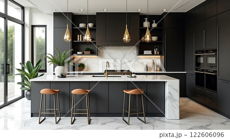 A sophisticated kitchen featuring dark matte cabinets, marble surfaces, and elegant lighting A sophisticated kitchen featuring dark matte cabinets, marble surfaces, and elegant lighting 122606096