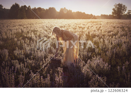 Beautiful blond woman in white long dress standing in the meadow in summer and picking flowers at sunset, selective focus. 122606324