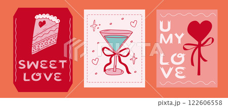 Creative romantic greeting cards featuring cake, cocktail, and heartfelt messages for special occasions 122606558