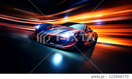 Rear view on modern  sports car in fast motion with blurred traffic lights at night 122606570