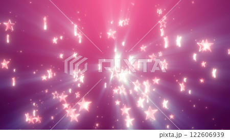 Abstract glowing pink stars on a dark purple background, creating a soft, dreamy effect with radiant light beams 122606939