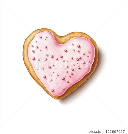 heart shaped cookie with pink icing and decorative sprinkles, perfect for celebrations and sweet treats. This delightful bakery item brings joy and love to any occasion 122607027