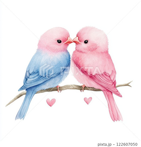 Cute lovebirds illustration with pink and blue feathers, symbolizing love and affection. Perfect for Valentine Day or romantic themes 122607050